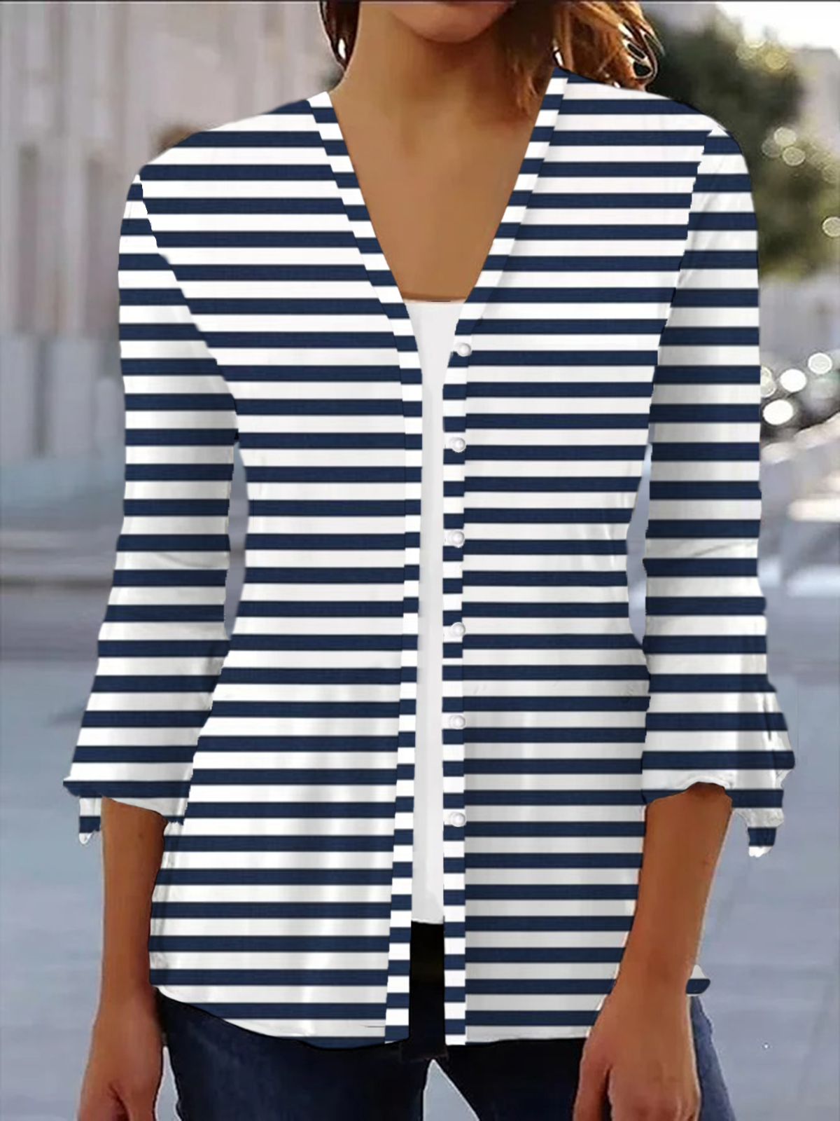 Women's Spring/Fall Cover-up Casual Striped Printing Lightweight Cardigan