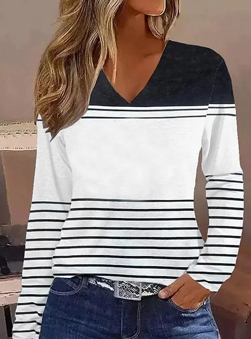 Women's Long Sleeve Tee T-shirt Spring/Fall Striped Printing V Neck Casual Graphic Tee Top