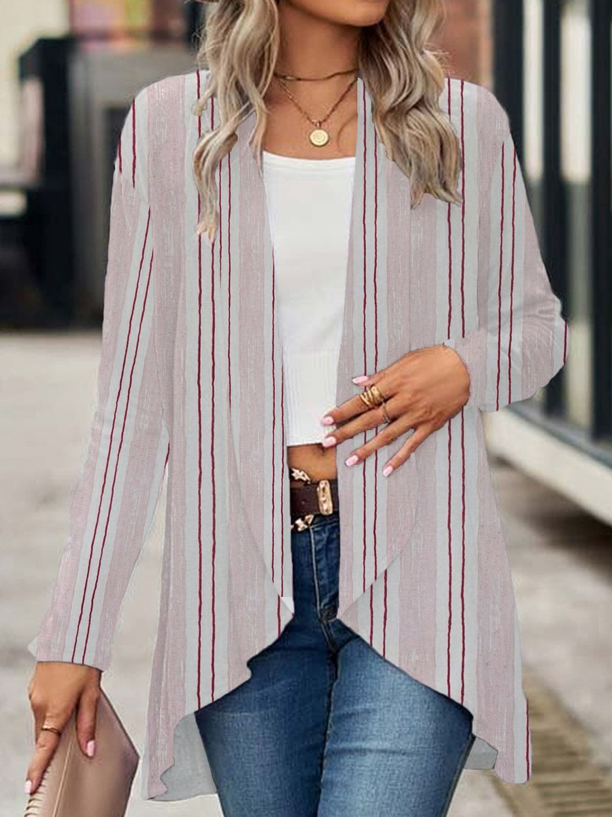 Women's Spring/Fall Cover-up Casual Striped Printing Lightweight Cardigan