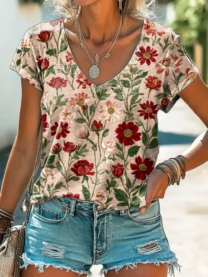 Women's Short Sleeve Tee T-shirt Summer Floral Printing V Neck Casual Graphic Tee Top