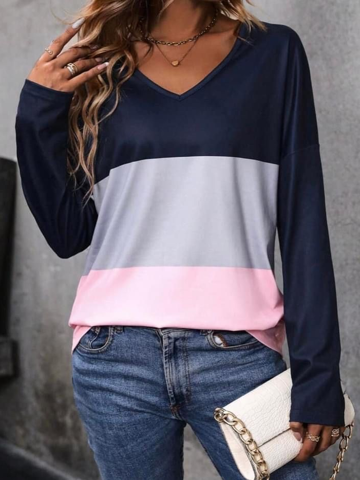 Women's Long Sleeve Tee T-shirt Spring/Fall Multicolor Block Printing V Neck Casual Graphic Tee Top