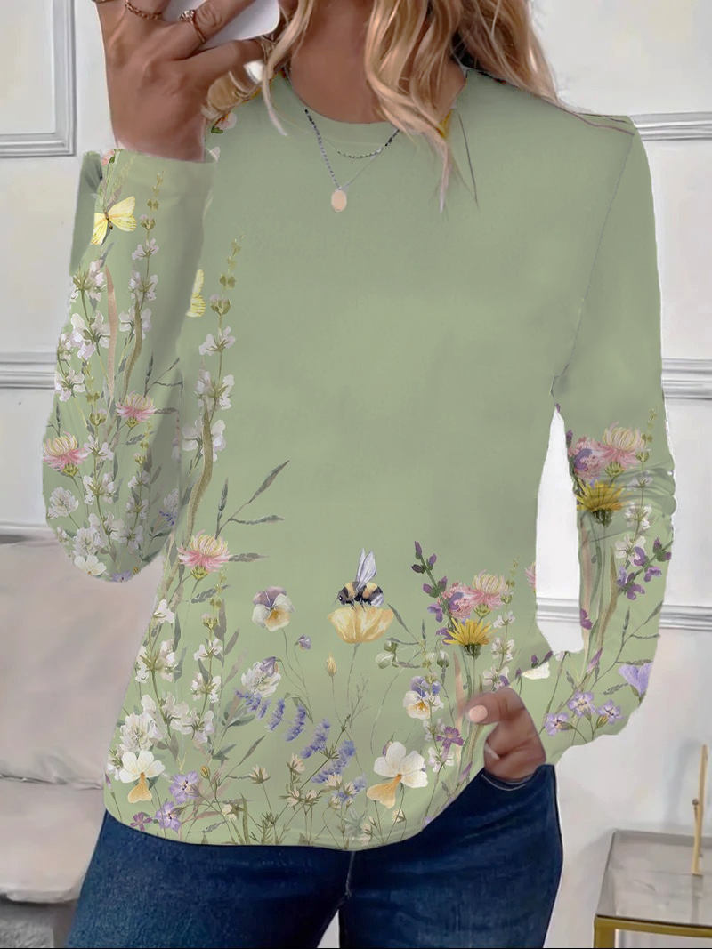 Women's Long Sleeve Tee T-shirt Spring/Fall Floral Printing Crew Neck Casual Graphic Tee Top