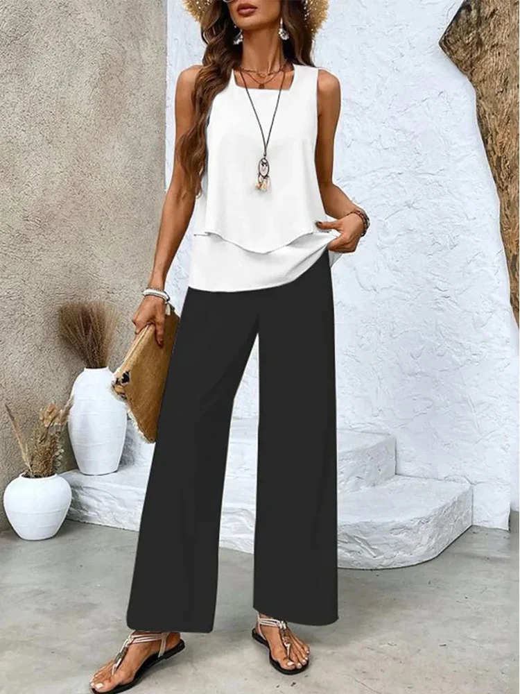 Women's Plain Daily Going Out Two Piece Set Sleeveless Casual Summer Top With Pants Matching Set