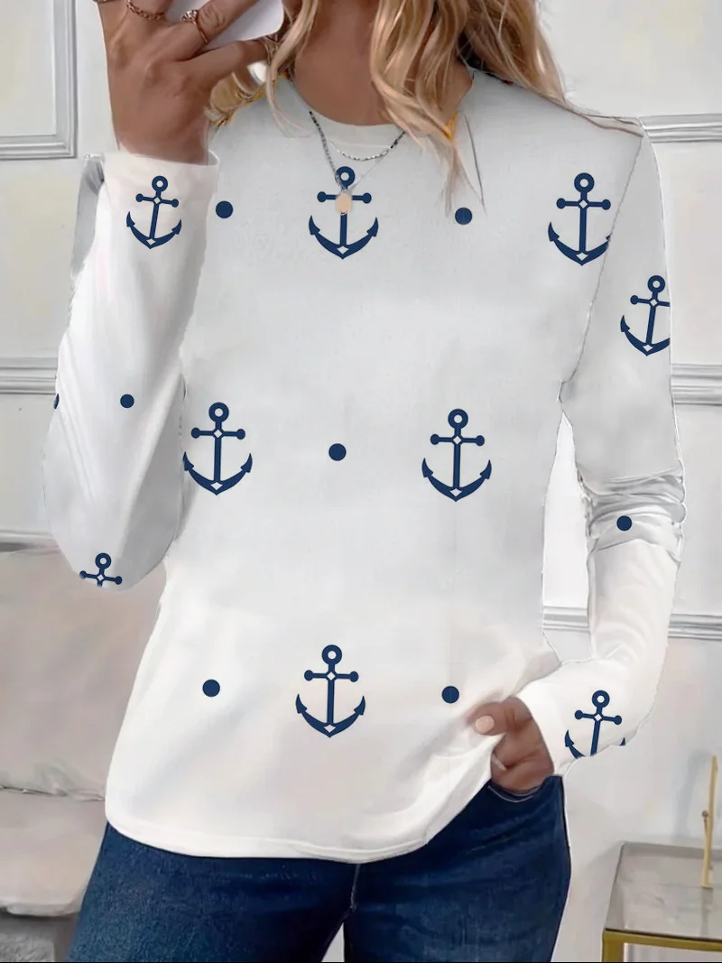 Women's Long Sleeve Tee T-shirt Spring/Fall Anchor Printing Crew Neck Casual Graphic Tee Top