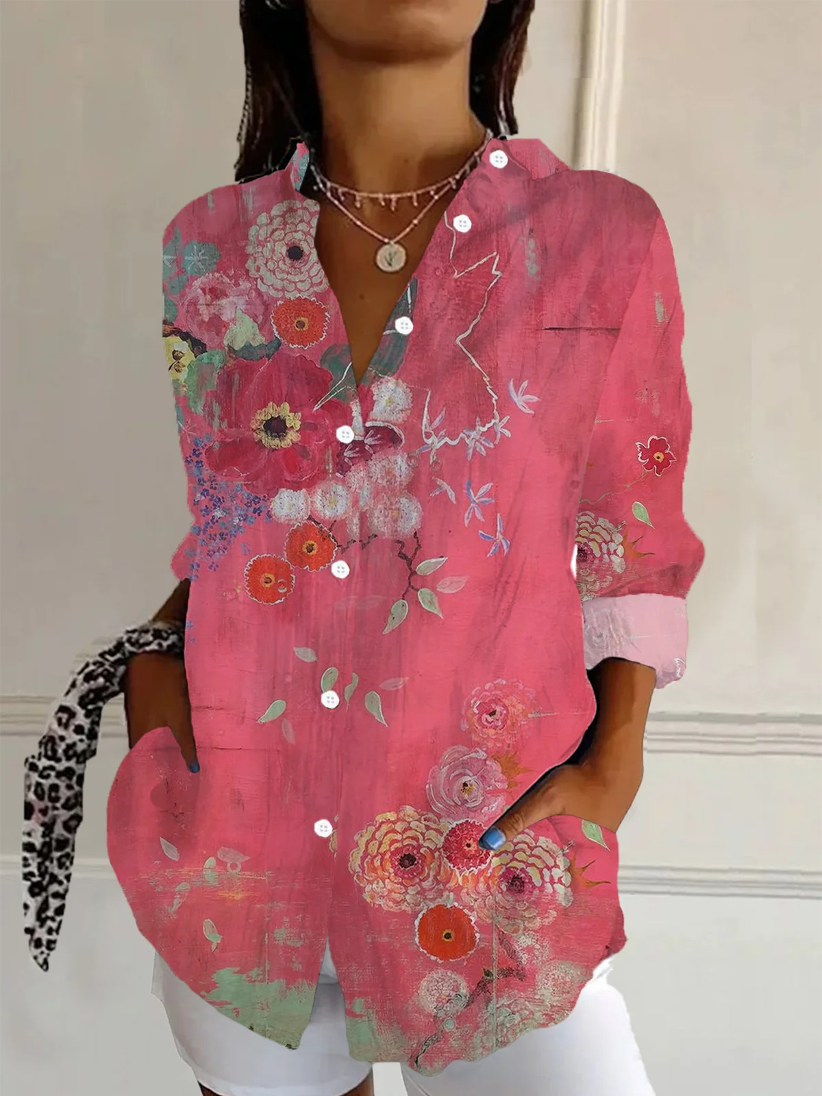 Women's Long Sleeve Shirt Spring/Fall Floral Buckle Shirt Collar Daily Going Out Casual Top