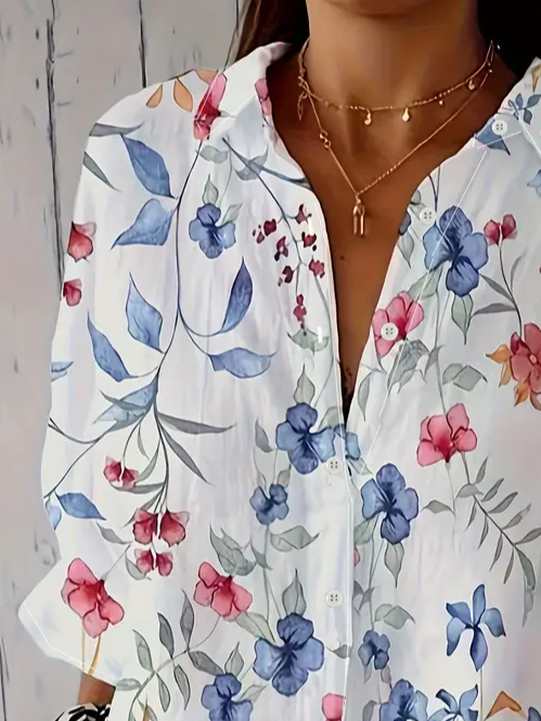 Women's Long Sleeve Shirt Spring/Fall Floral Buckle Shirt Collar Daily Going Out Casual Top