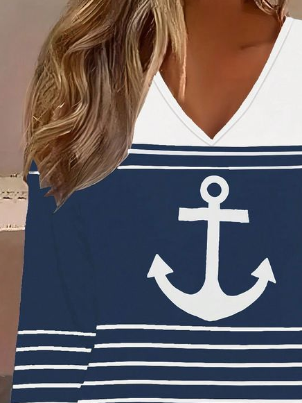 Women's Long Sleeve Tee T-shirt Spring/Fall Striped Printing V Neck Casual Graphic Tee Top