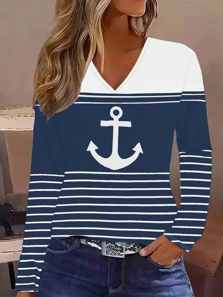 Women's Long Sleeve Tee T-shirt Spring/Fall Striped Printing V Neck Casual Graphic Tee Top