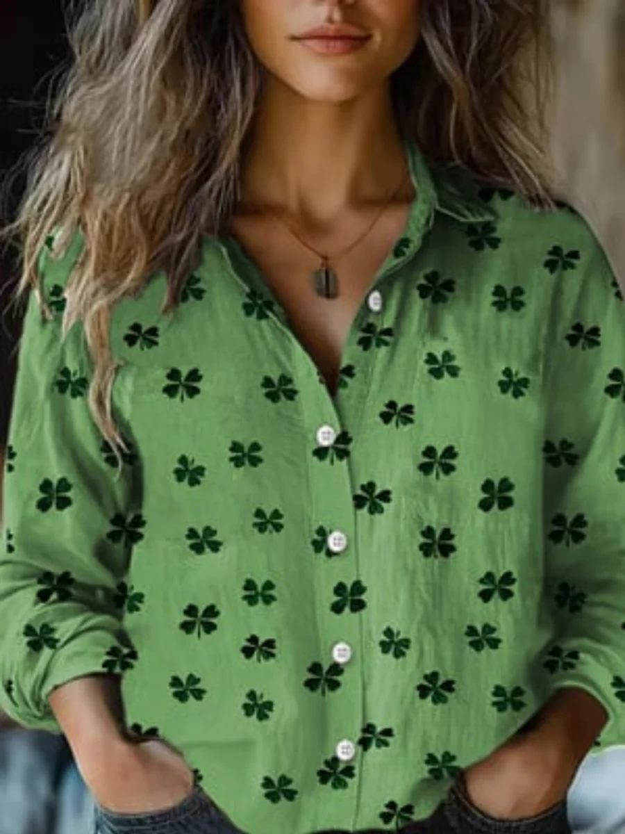 Women's Four-leaf Clover Long Sleeve Shirt Spring/Fall Shirt Collar Daily Casual Top