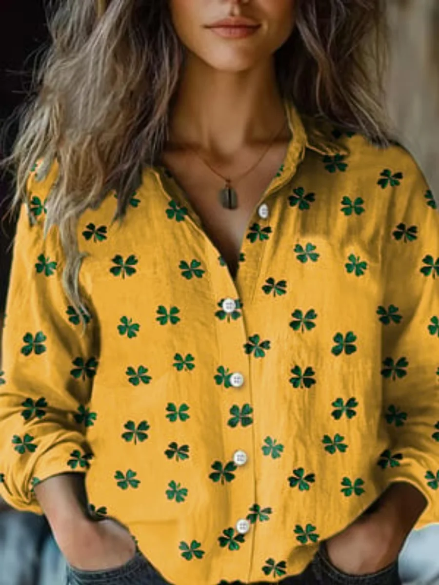 Women's Four-leaf Clover Long Sleeve Shirt Spring/Fall Shirt Collar Daily Casual Top