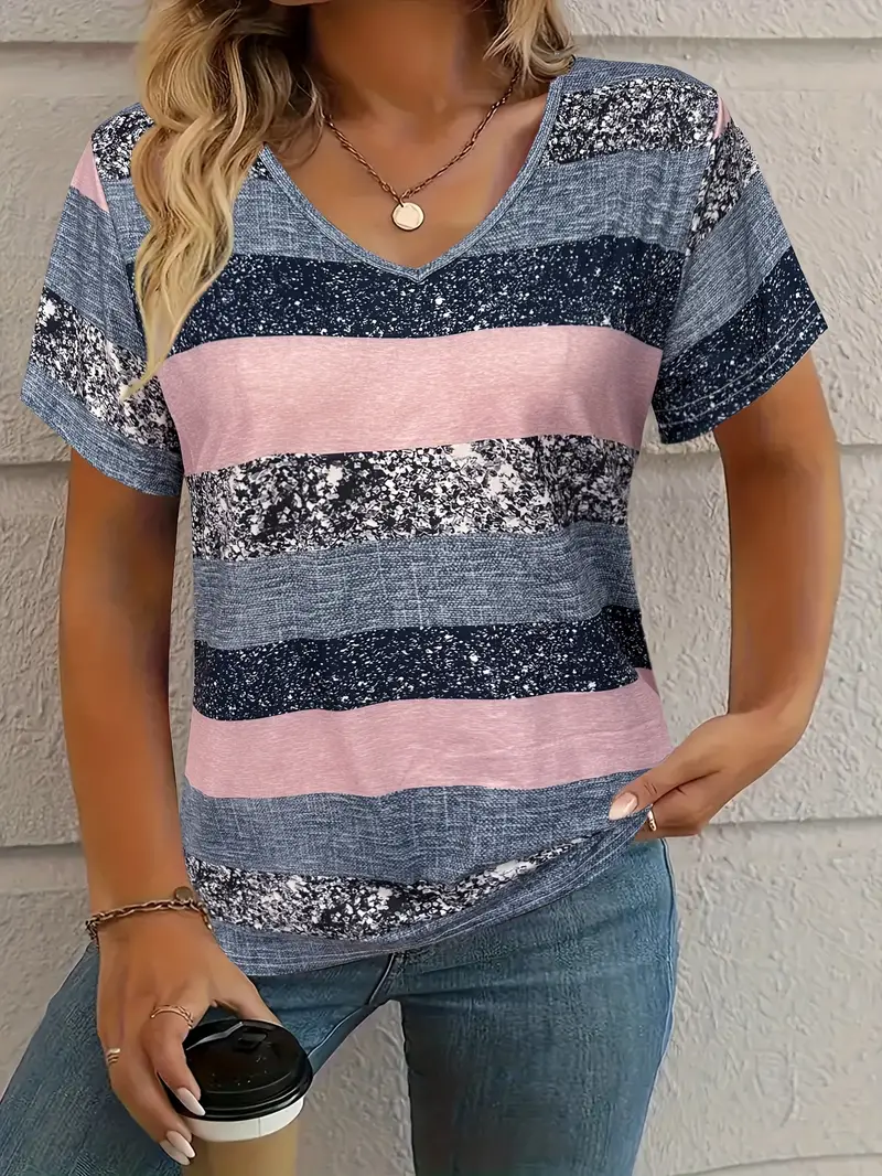 Women's Striped Short Sleeve Tee T-shirt V Neck Printing Casual Summer Graphic Tee Top