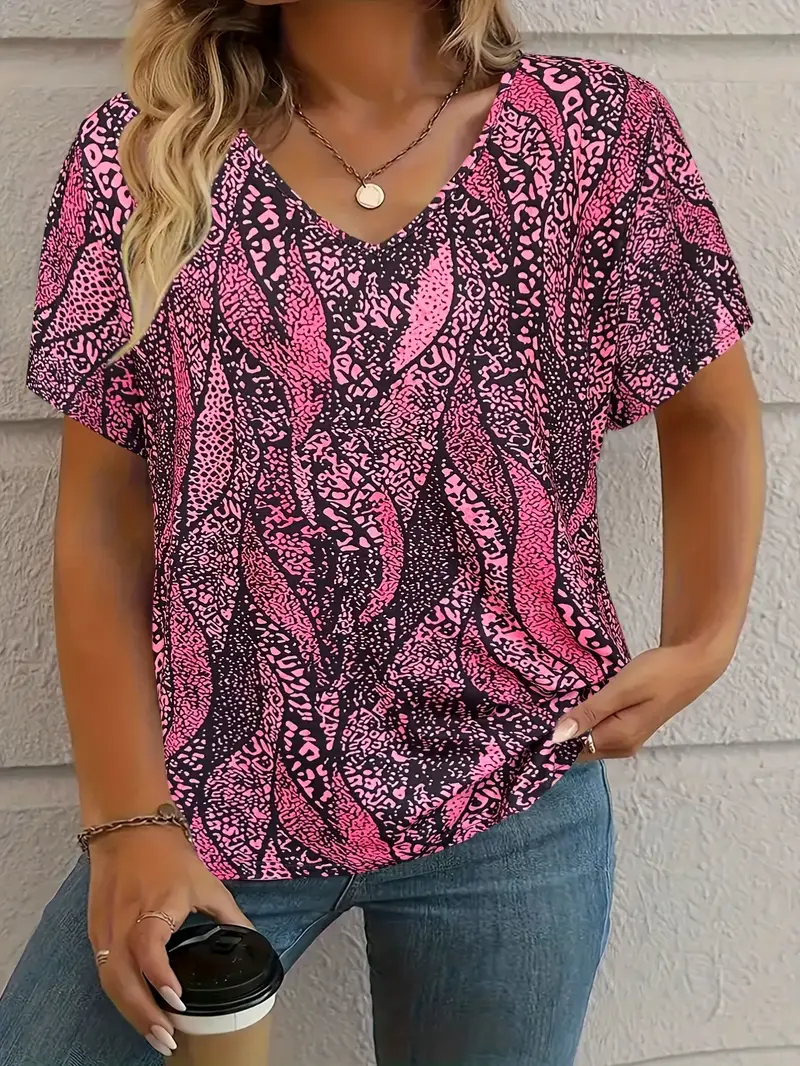 Women's Leopard Short Sleeve Tee T-shirt V Neck Casual Summer Graphic Tee Top