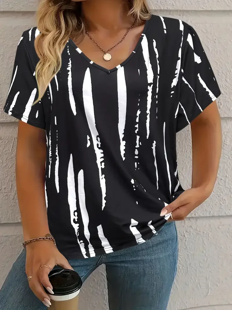 Women's Abstract Stripes Short Sleeve Tee T-shirt V Neck Printing Casual Summer Graphic Tee Top