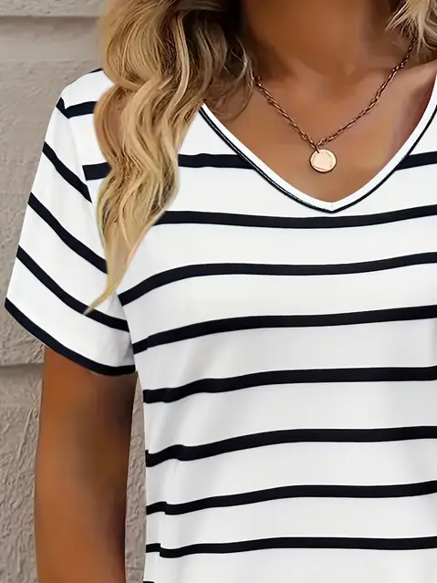 Women's Striped Short Sleeve Tee T-shirt V Neck Printing Casual Summer Graphic Tee Top