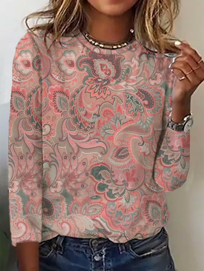 Women's Paisley Long Sleeve Tee T-shirt Crew Neck Vintage Spring/Fall Top