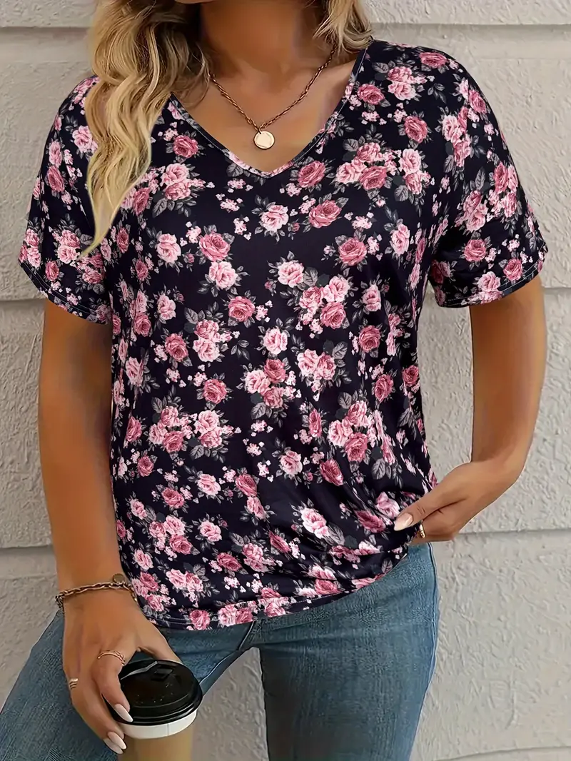 Women's Floral Short Sleeve Tee T-shirt V Neck Printing Casual Summer Graphic Tee Top