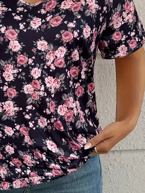 Women's Floral Short Sleeve Tee T-shirt V Neck Printing Casual Summer Graphic Tee Top