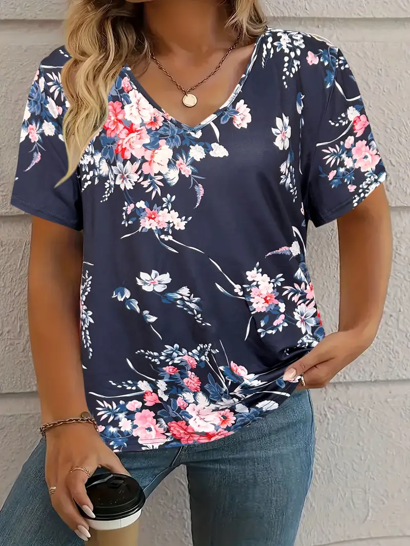 Women's Floral Short Sleeve Tee T-shirt V Neck Printing Casual Summer Graphic Tee Top