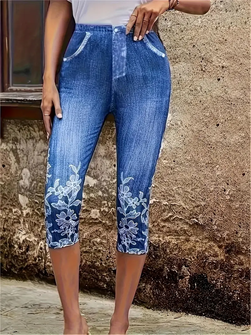 Women's Denim Print Graphic Capris Elastic Waist Pant Casual Summer Trousers