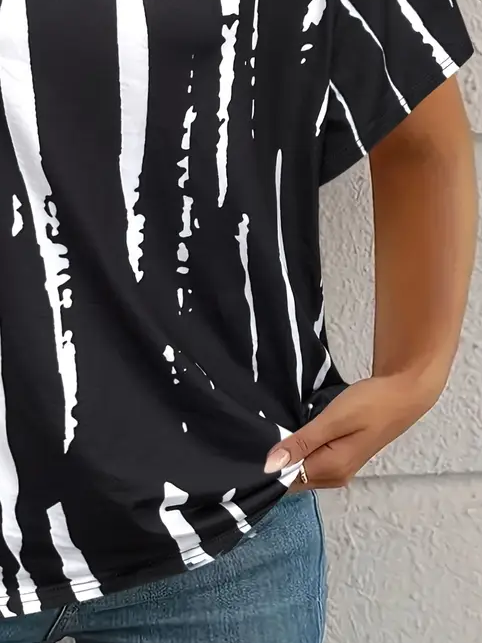 Women's Abstract Stripes Short Sleeve Tee T-shirt V Neck Printing Casual Summer Graphic Tee Top