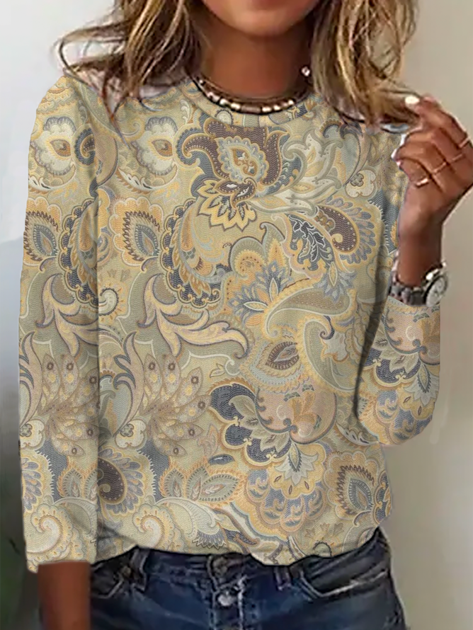 Women's Paisley Long Sleeve Tee T-shirt Crew Neck Vintage Spring/Fall Top