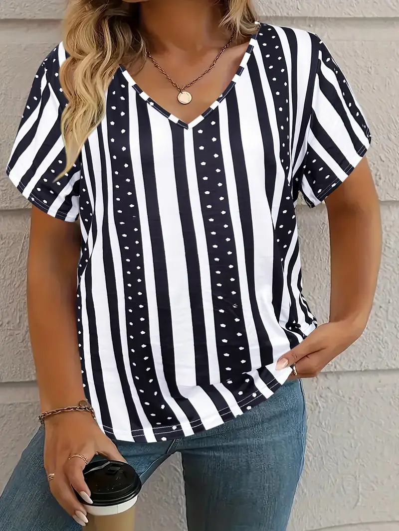 Women's Striped Short Sleeve Tee T-shirt V Neck Printing Casual Summer Graphic Tee Top