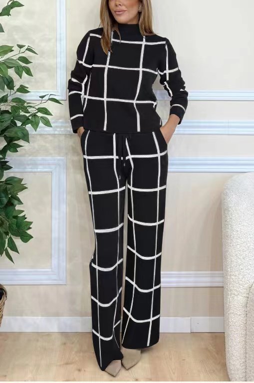 Women's Wool/Knitting Plaid Daily Going Out Two Piece Set Long Sleeve Casual Spring/Fall Top With Pants Matching Set