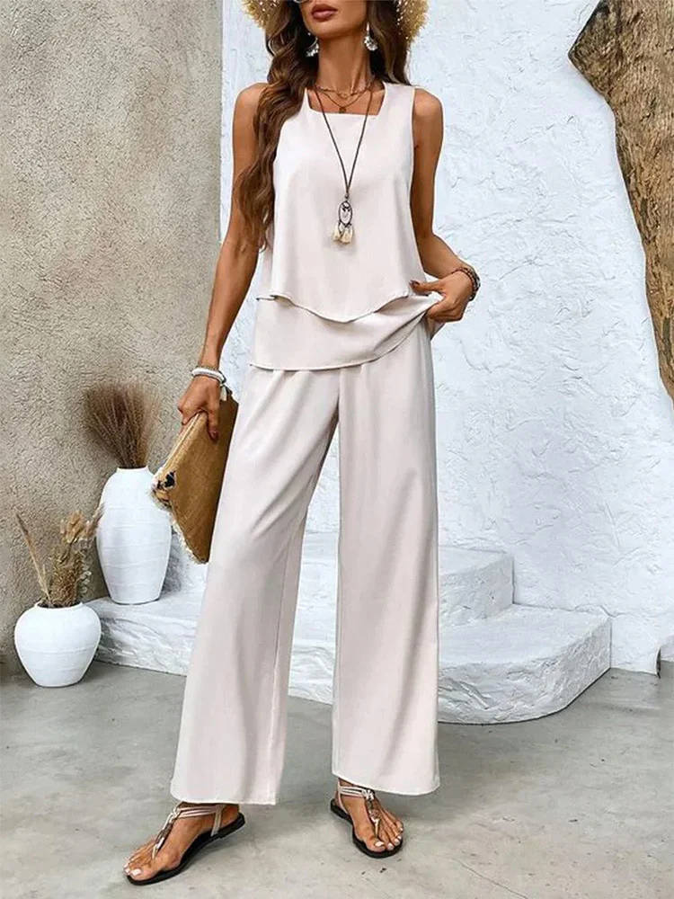 Women's Plain Daily Going Out Two Piece Set Sleeveless Casual Summer Top With Pants Matching Set