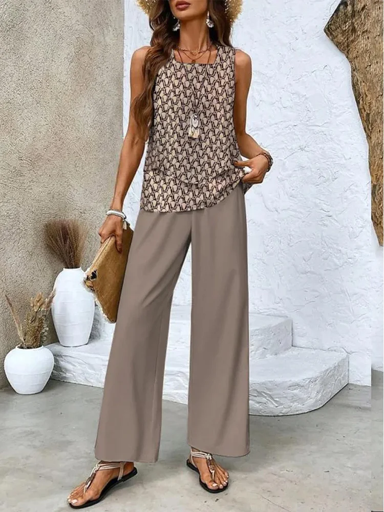 Women's Plain Daily Going Out Two Piece Set Sleeveless Casual Summer Top With Pants Matching Set