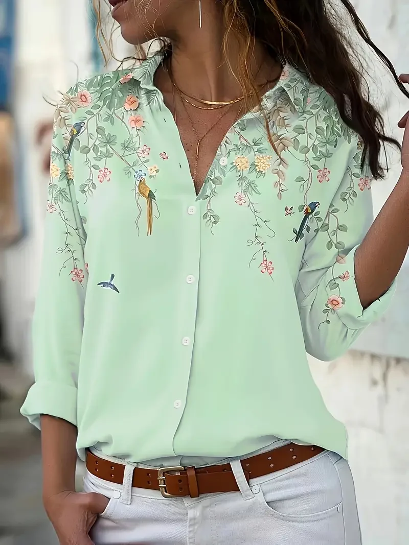 Women's Floral Long Sleeve Shirt Spring/Fall Printing Shirt Collar Daily Casual Top