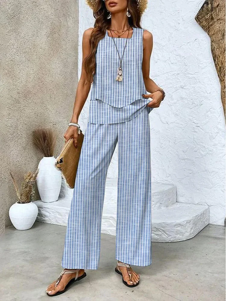 Women's Plain Daily Going Out Two Piece Set Sleeveless Casual Summer Top With Pants Matching Set