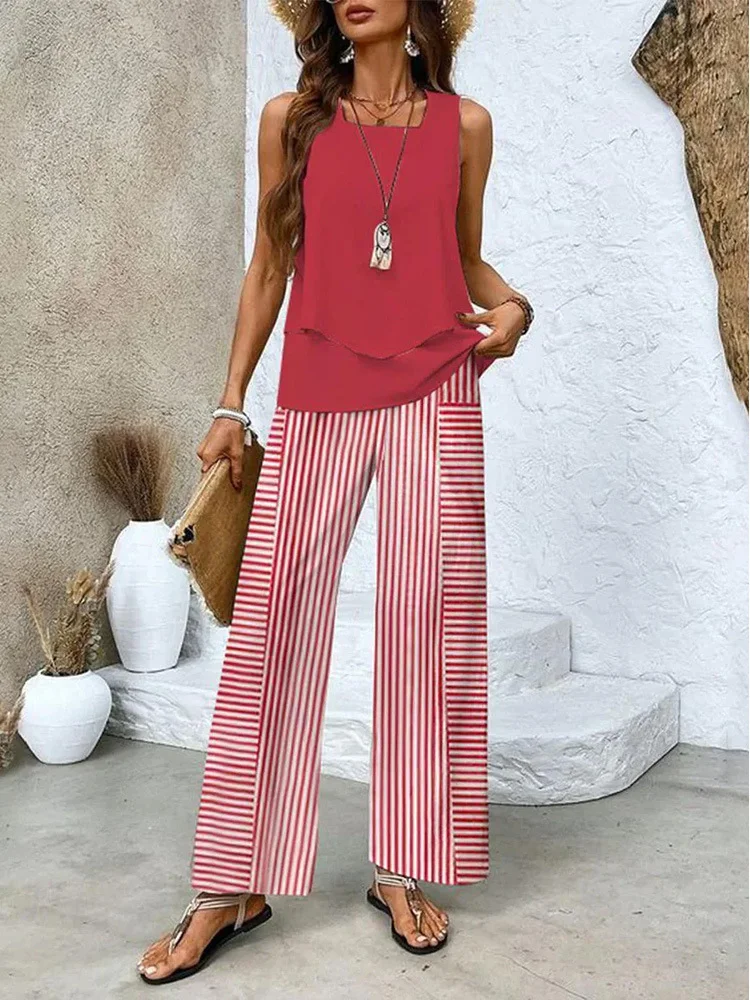 Women's Plain Daily Going Out Two Piece Set Sleeveless Casual Summer Top With Pants Matching Set