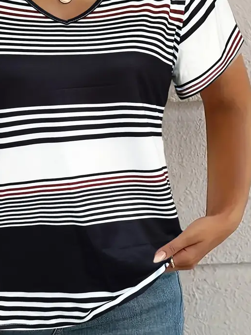 Women's Striped Short Sleeve Tee T-shirt V Neck Printing Casual Summer Graphic Tee Top