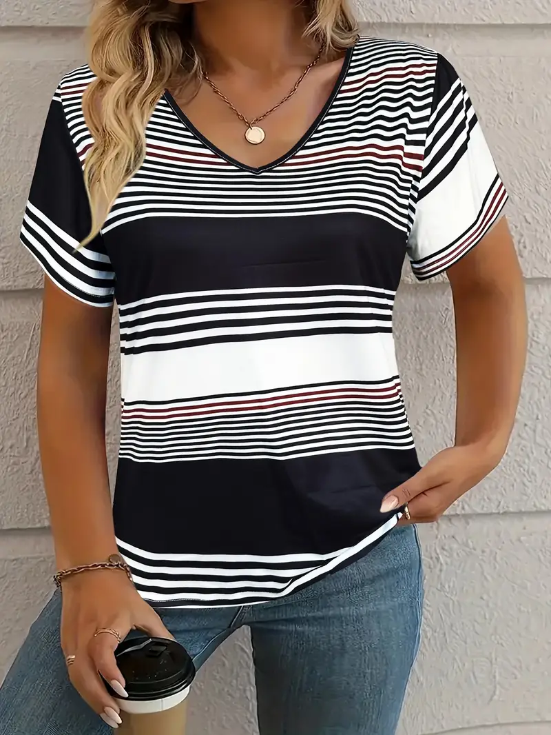 Women's Striped Short Sleeve Tee T-shirt V Neck Printing Casual Summer Graphic Tee Top