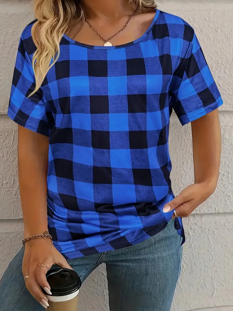 Women's Plaid Short Sleeve Tee T-shirt Crew Neck Printing Casual Summer Graphic Tee Top