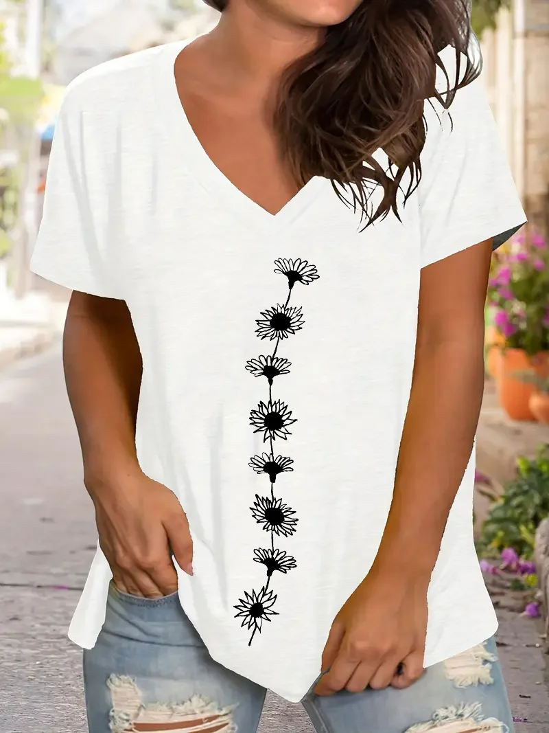 Women's Floral Short Sleeve Tee T-shirt V Neck Printing Casual Summer Graphic Tee Top