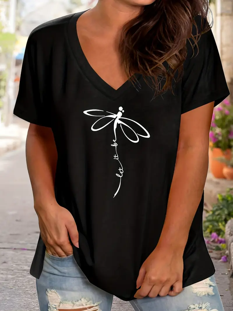 Women's Dragonfly Short Sleeve Tee T-shirt V Neck Printing Casual Summer Graphic Tee Top