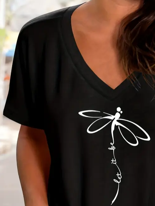 Women's Dragonfly Short Sleeve Tee T-shirt V Neck Printing Casual Summer Graphic Tee Top