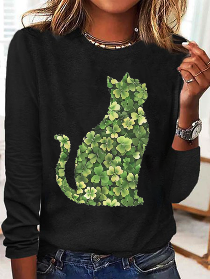 Women's Cat Shamrock Long Sleeve Tee T-shirt Crew Neck Printing Casual Spring/Fall Graphic Tee Top