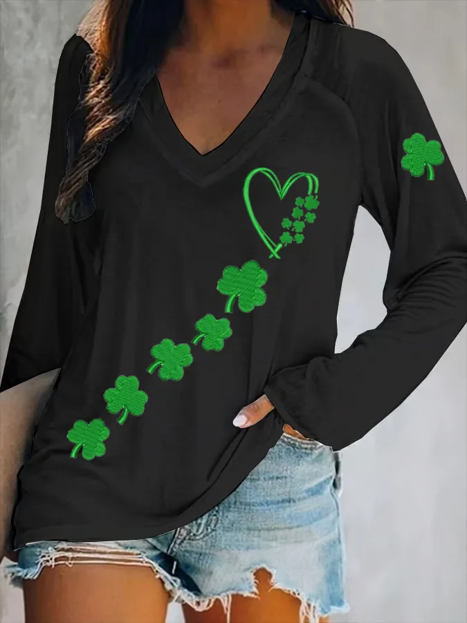 Women's Shamrock Long Sleeve Blouse_ Spring/Fall Printing V Neck Daily Casual Top