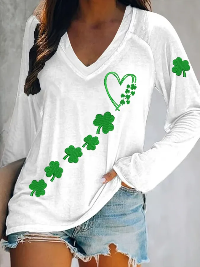 Women's Shamrock Long Sleeve Blouse_ Spring/Fall Printing V Neck Daily Casual Top