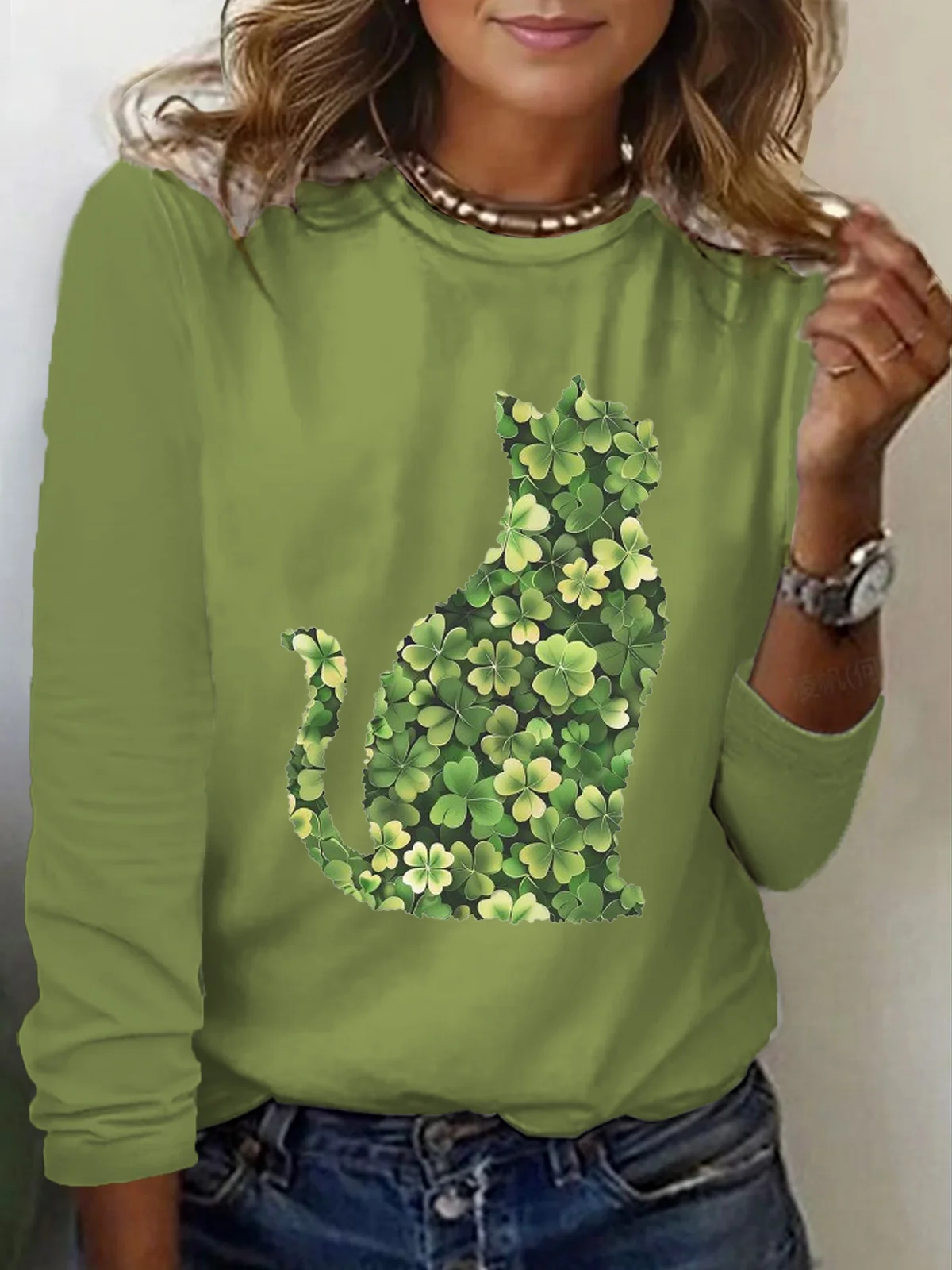 Women's Cat Shamrock Long Sleeve Tee T-shirt Crew Neck Printing Casual Spring/Fall Graphic Tee Top