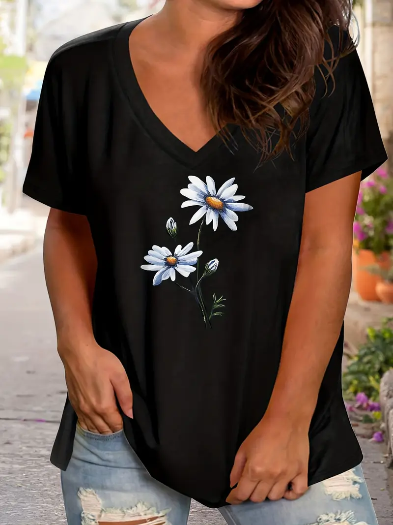 Women's Floral Short Sleeve Tee T-shirt V Neck Printing Casual Summer Graphic Tee Top