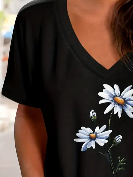 Women's Floral Short Sleeve Tee T-shirt V Neck Printing Casual Summer Graphic Tee Top