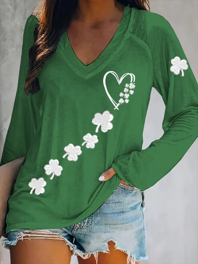 Women's Shamrock Long Sleeve Blouse_ Spring/Fall Printing V Neck Daily Casual Top