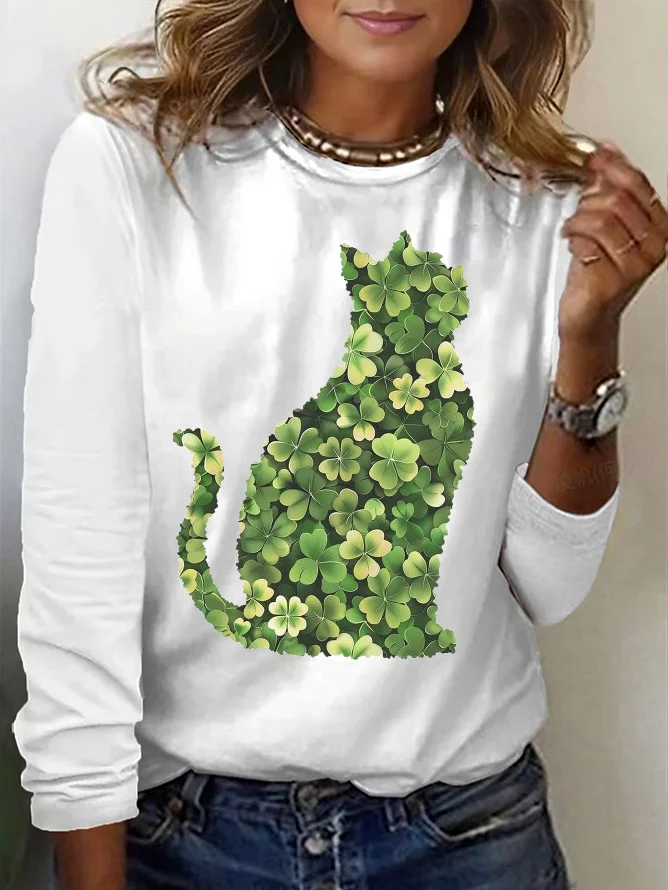 Women's Cat Shamrock Long Sleeve Tee T-shirt Crew Neck Printing Casual Spring/Fall Graphic Tee Top