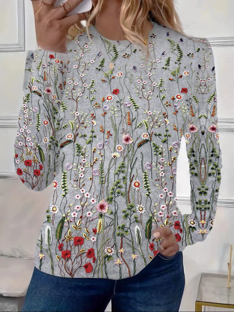 Women's Floral Long Sleeve Tee T-shirt Crew Neck Printing Casual Spring/Fall Graphic Tee Top