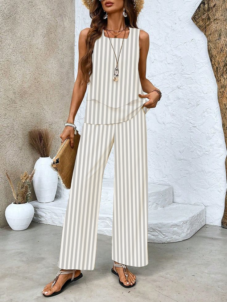 Women's Striped Printing Two-Piece Set Daily Sleeveless Casual Summer Top With Pants Matching Set