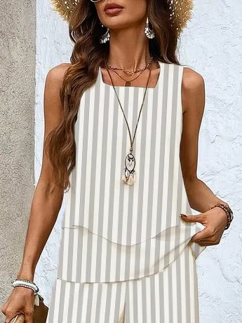 Women's Striped Printing Two-Piece Set Daily Sleeveless Casual Summer Top With Pants Matching Set