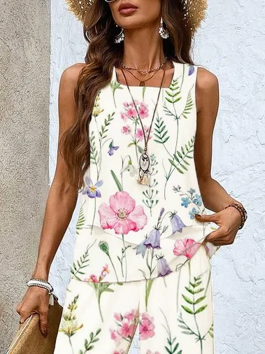 Women's Floral Printing Two-Piece Set Daily Sleeveless Casual Summer Top With Pants Matching Set